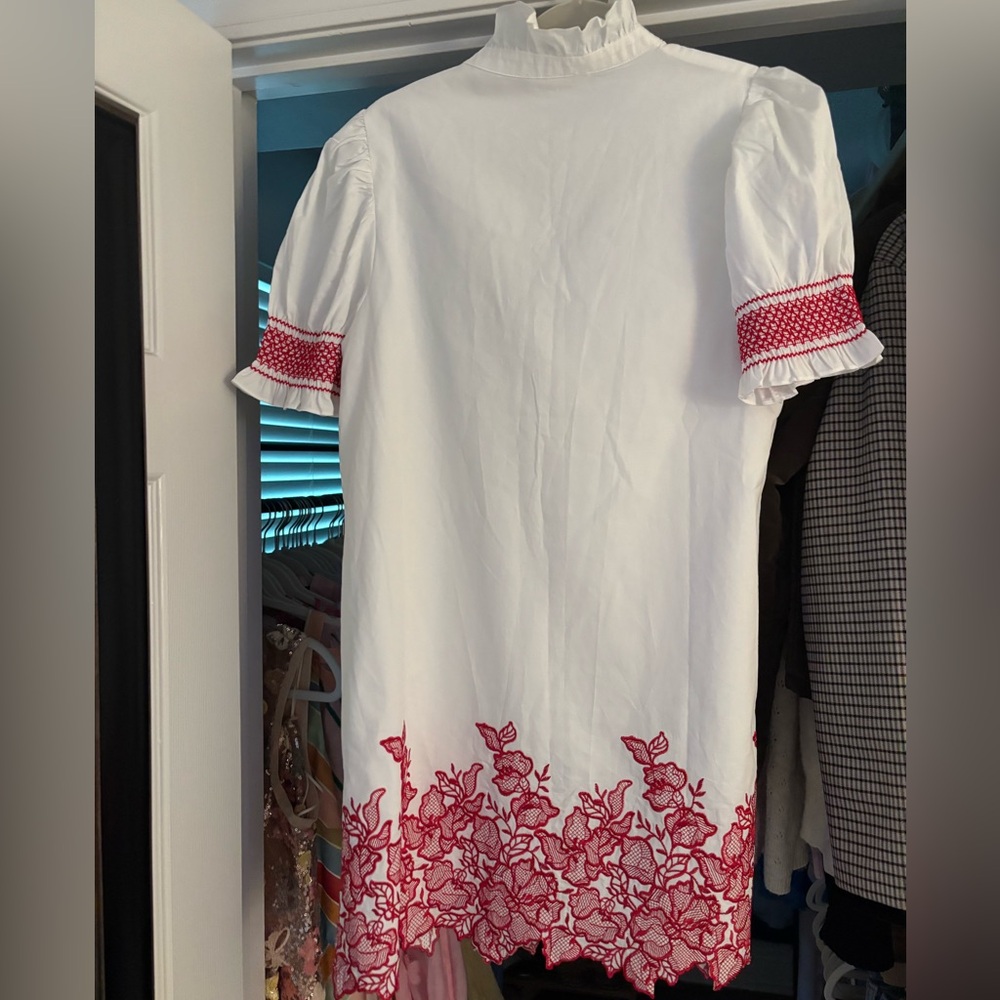 White Mini Dress with Pink Embroidered Hem and Sleeve Accents - Picture 6 of 6